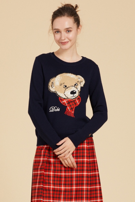 格紋圍巾泰迪熊毛衣